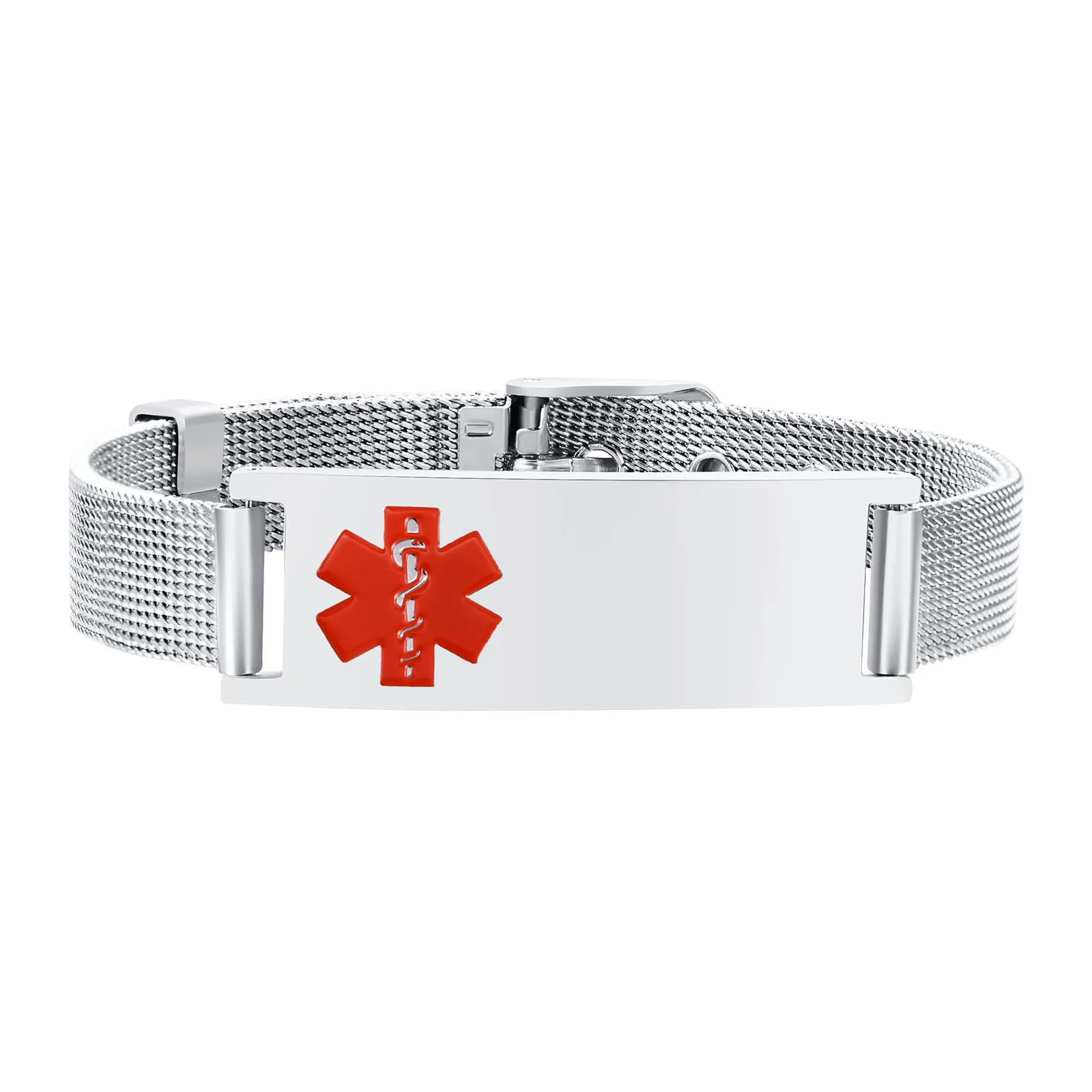 Vnox 10 mm / 16 mm medische waarschuwings-ID-armbanden, heren dames mesh-bandarmband, gratis graveren SOS noodcontactarmband