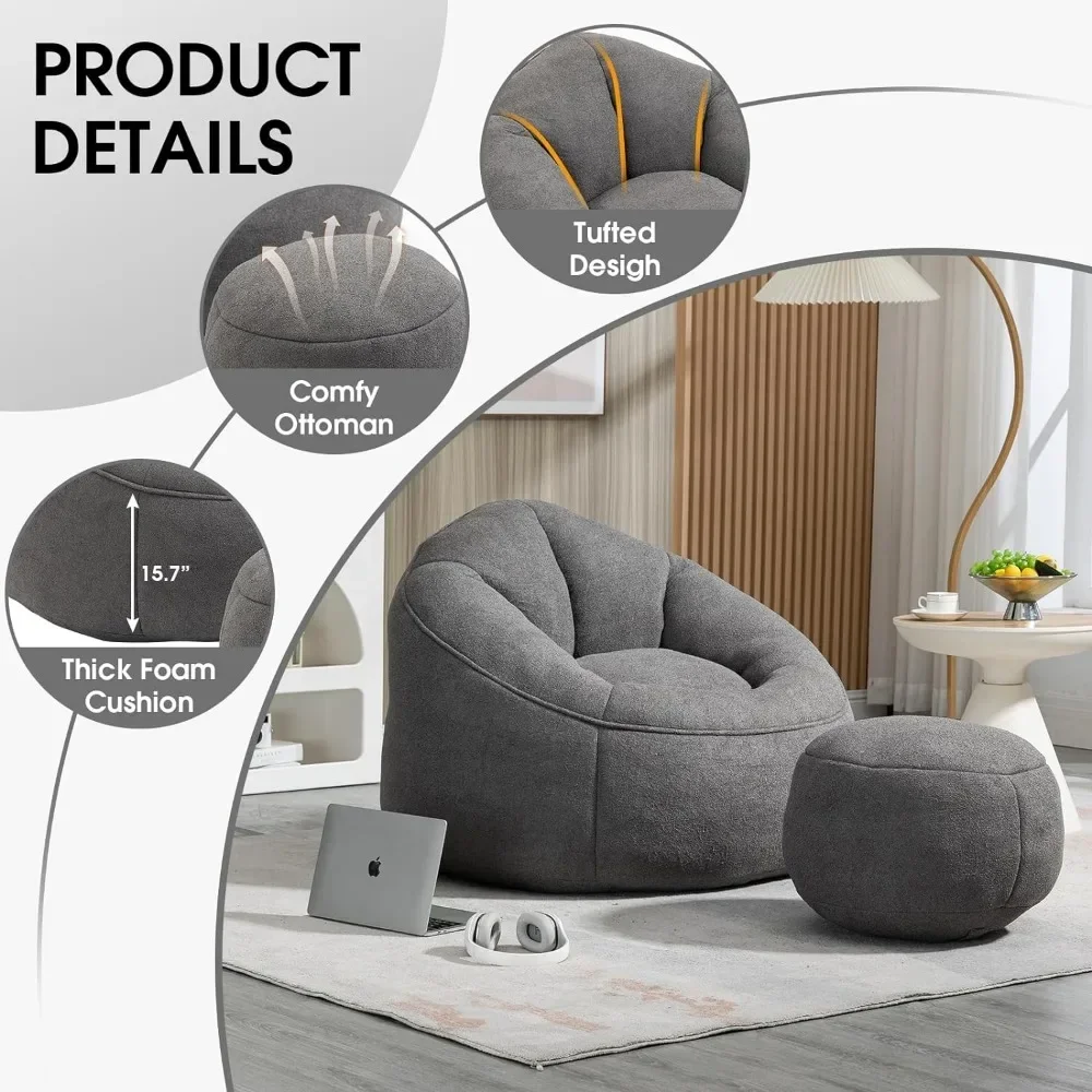 Beanbag Sofa, bantalan serat prima, Sofa dengan bangku kaki dan busa memori isi, Sofa abu-abu dalam dan luar ruangan