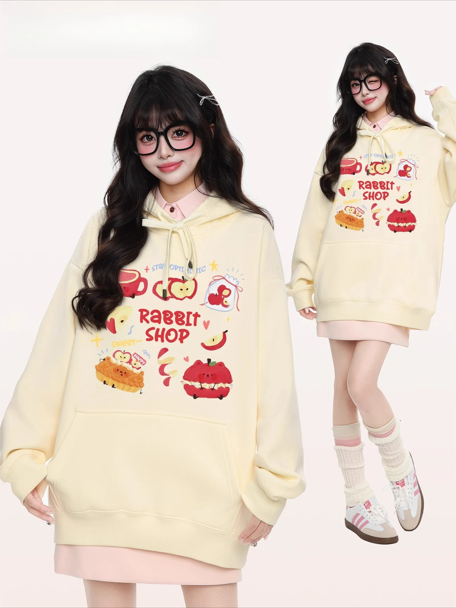 2025 Autumn Winter New Fun Apple Print White Apricot Hoodie Korean Style Loose Versatile Blue Black Wine Red Velvet Top