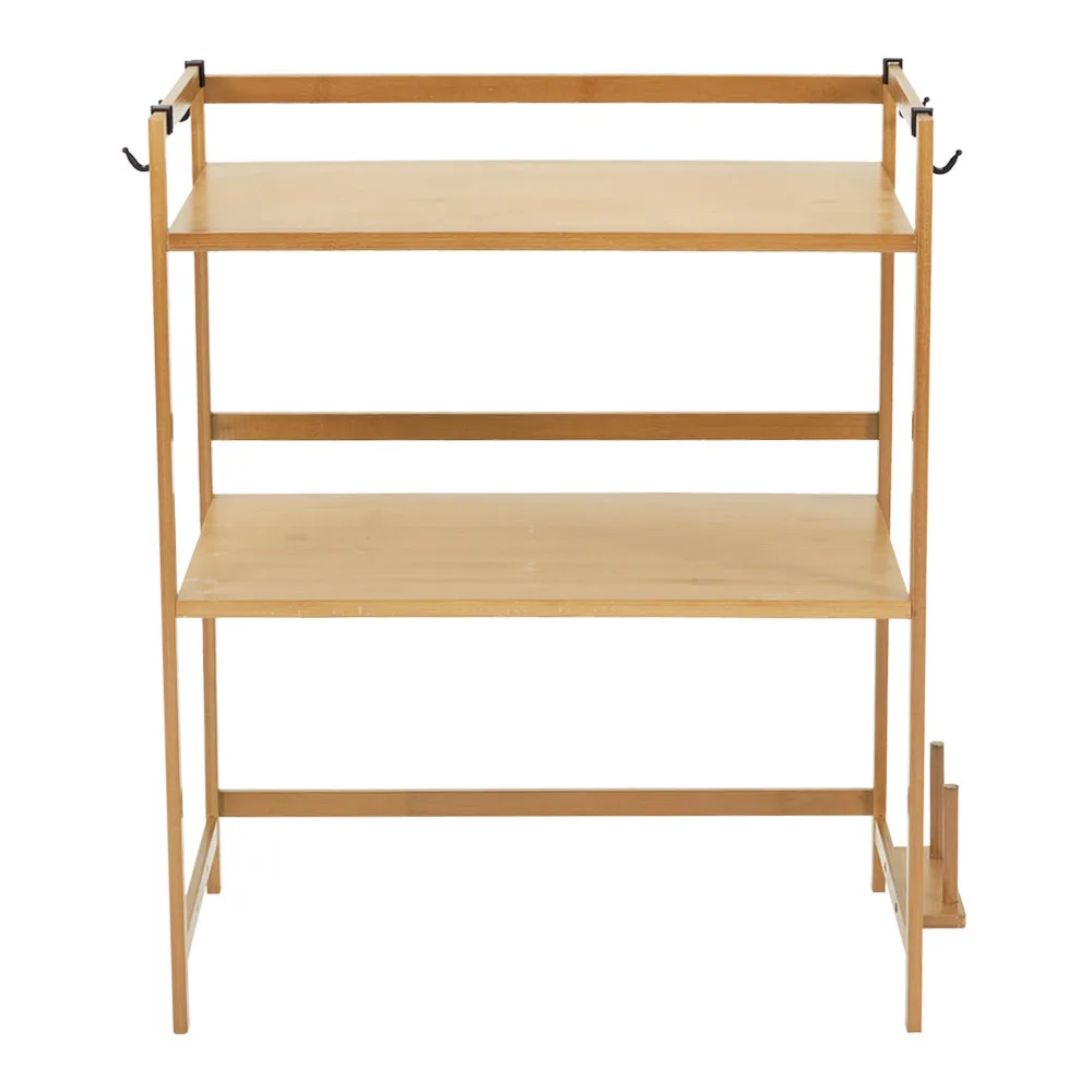 Farmhouse-Style Natural Finish 2-Tier Wooden Spice Rack with Cutting Board Holder and Hooks 55cm W x 35cm D x 67cm H