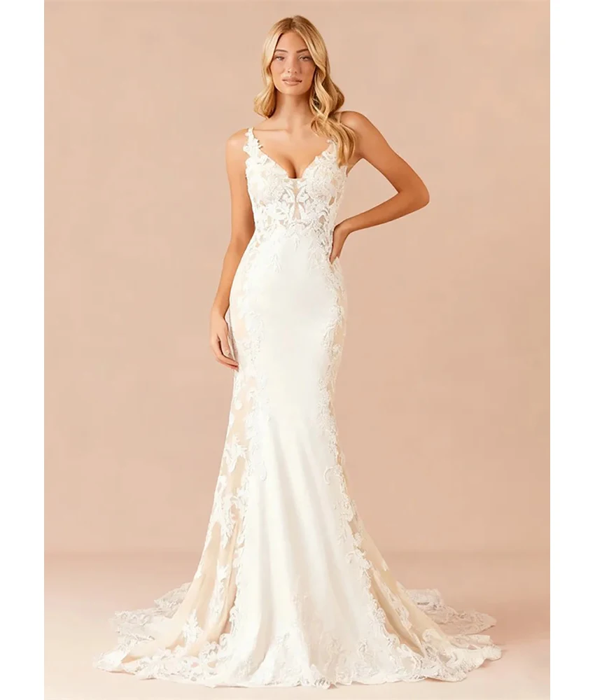 

MCDV Customized Sexy Lace Mermaid Spaghetti Straps Buttons Evening Dress Graceful V-Neck Sleeveless Women Wedding Gowns.