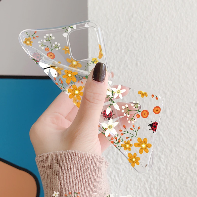 Transparent Small Chrysanthemum Flower Case For Redmi 12 9AT Note 14 13 Pro 10 12S 10T 11 5G Poco M6 Pro Protective Clear Cover