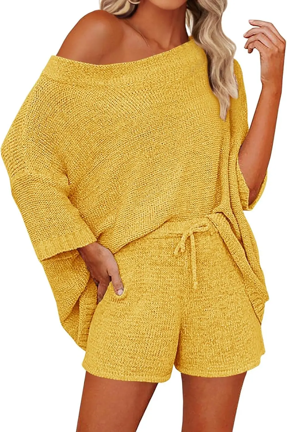 

ZENFLEX Women's 2 Piece Outfits Sweater Sets Off Shoulder Knit Top Shorts Matching Suits Cute Pajama Lounge Set