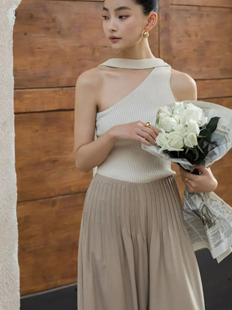 Irregular Knitted Svel Pure Color Simple Commute Sle Women's Top Inner Wear Vest Korean Version Straight Cut