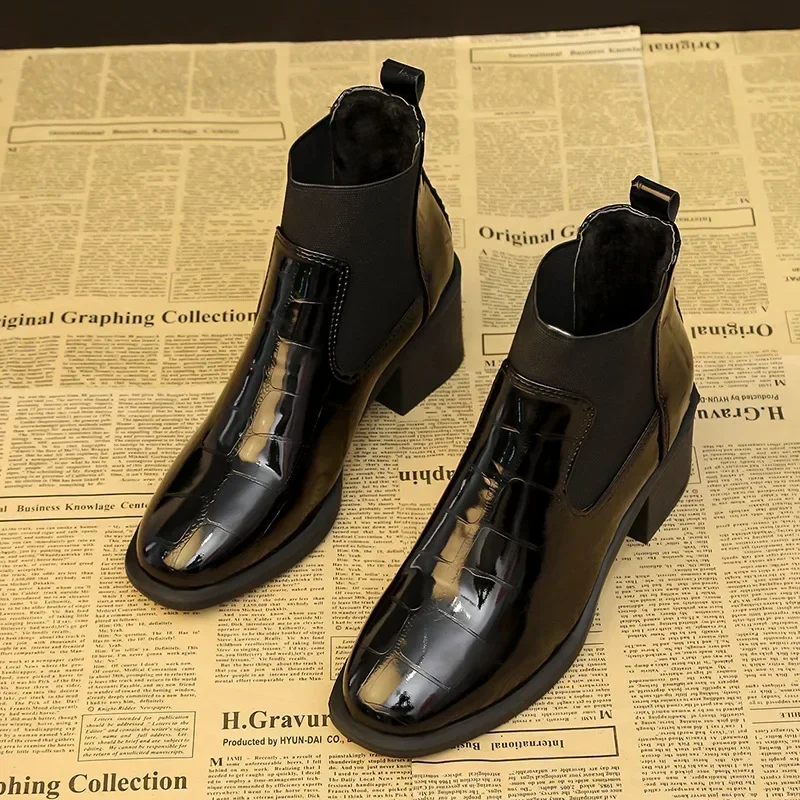 Chelsea Boots Women\'s Autumn/Winter British Lacquer Leather Mid Heel Boots Round Toe High Heels Shiny Leather Women\'s Boots