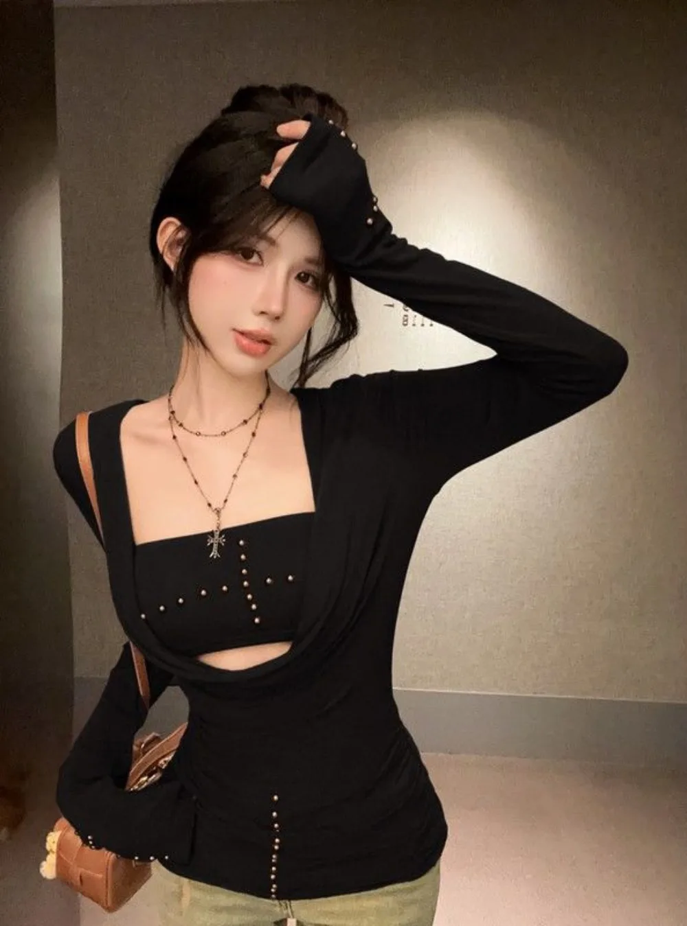 Neploe Spice Girls ropa de calle de moda conjunto ajustado chaleco bata de manga larga Simple Y2K Tops góticos 2025 primavera nueva camisa elegante minoritaria