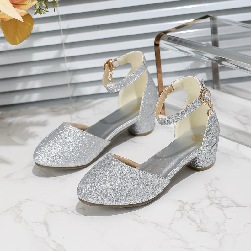 Girls Princess Leather Shoes Sequins Versatile Children's Sandals Catwalk Perform Kids Fashion Causal Dresses Low-heels Sandals