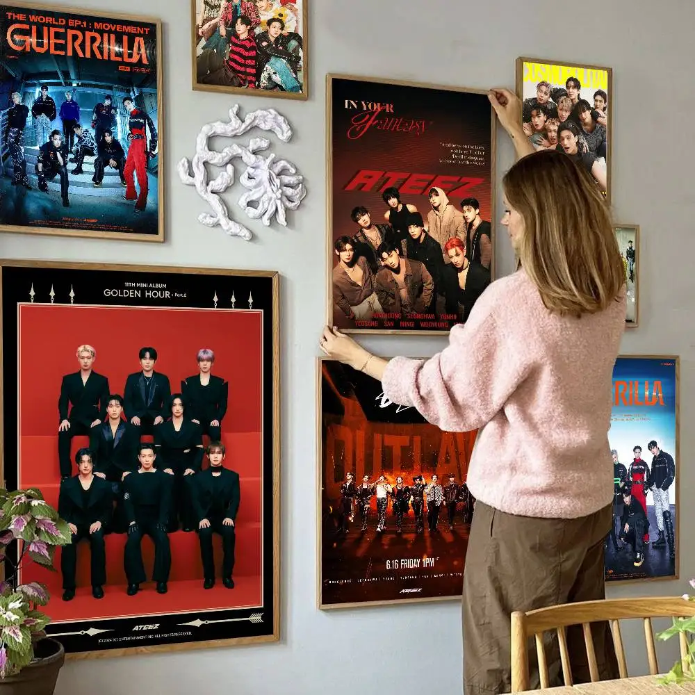 Kpop A-Ateez S DIY Sticky Poster Whitepaper Prints Posters Artwork Vintage Decorative Painting