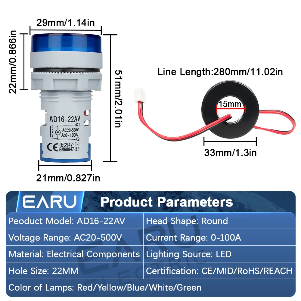 EARU 22MM Rundes LED-Digital-Voltmeter-Amperemeter AC 20-500V 0-100A Signal-Pilotleuchten Spannungs-Strom-Messgerät Tester – Detail 2