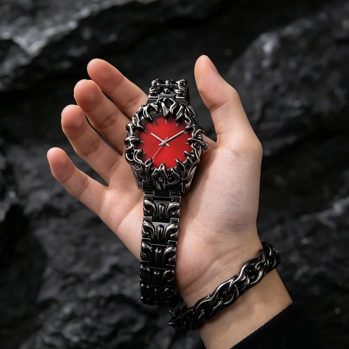 Punk Flame Bezel Quartz Watch Men Women Matte Black Steel Band Analog Wristwatch Street Fashion Matching Couple Watches