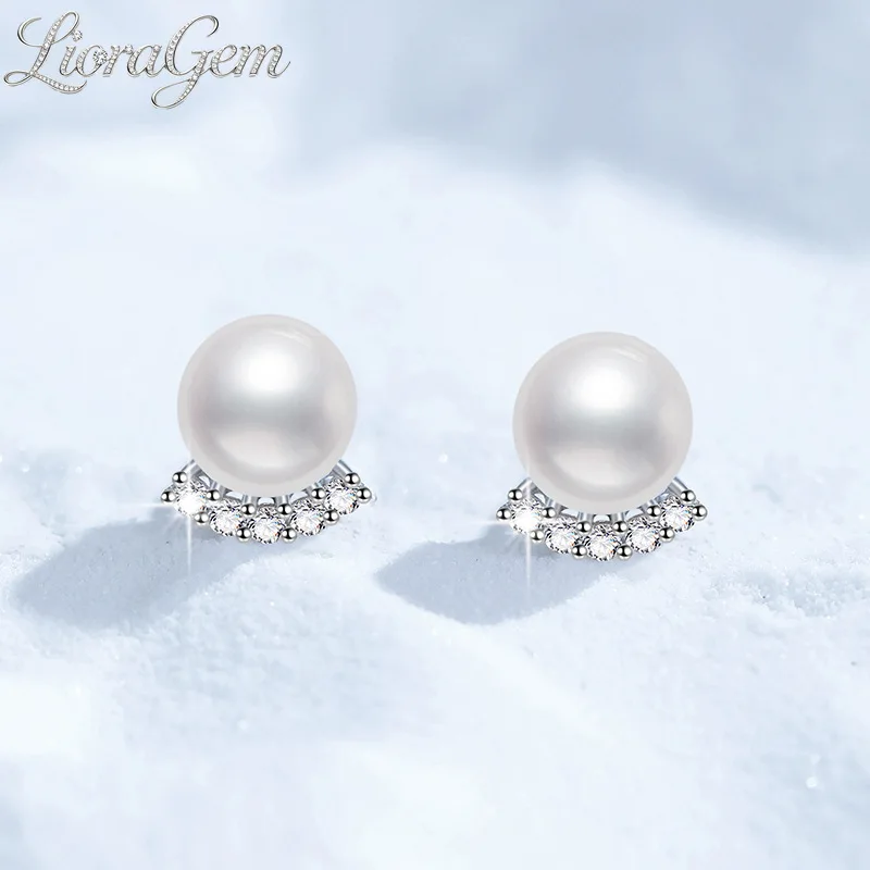 

Серьги-гвоздики LioraGem с пресноводным жемчугом 8 мм для женщин, простые серьги с муассанитом цвета D, платиновые, с маркировкой PT950, ювелирные украшения, подарки