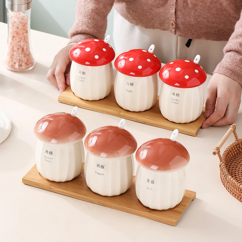 Cute Mushroom Shape Spice Jar Set Ceramic Three-piece Salt Sugar Pepper Storage Box Kitchen Decoration Seasoning Spice Box Combo