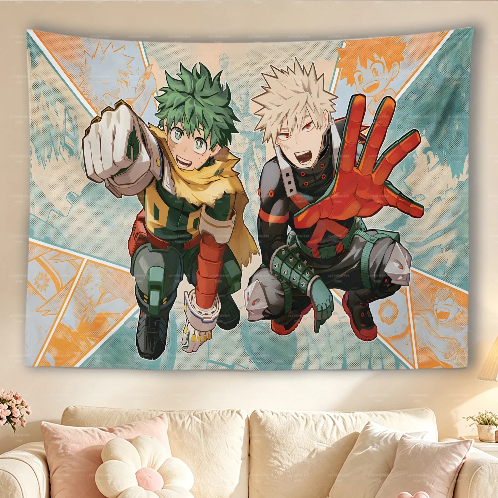 My Hero Academia Anime Tapestry, Deku & Bakugo Dynamic Character Print Wall Hanging, Manga Panel Background Wall Cloth for Bedro