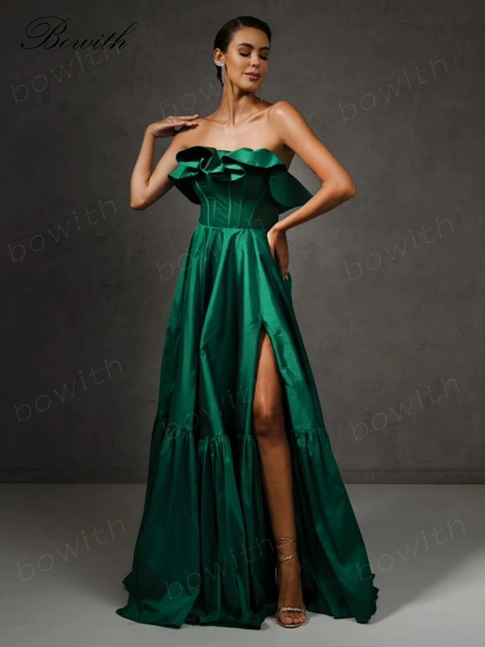 

Bowith Strapless Party Dress with 3D Flowers A Line Satin Christmas Evening Dress for Women with High Slit Celebrity Dress