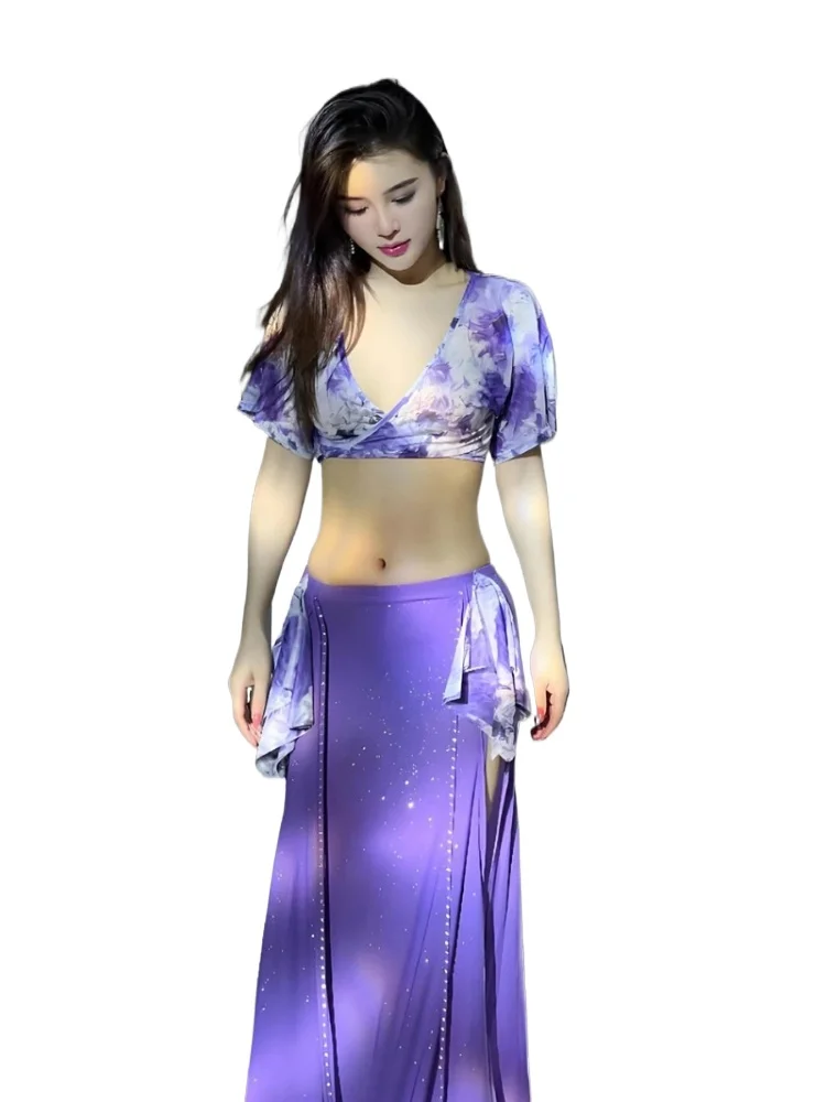 

Belly Dance Costumes Top and Skirt 2 Pcs Set Summer Printed Mesh For Adult Women Stage Performance Worksuit Practice Clothes