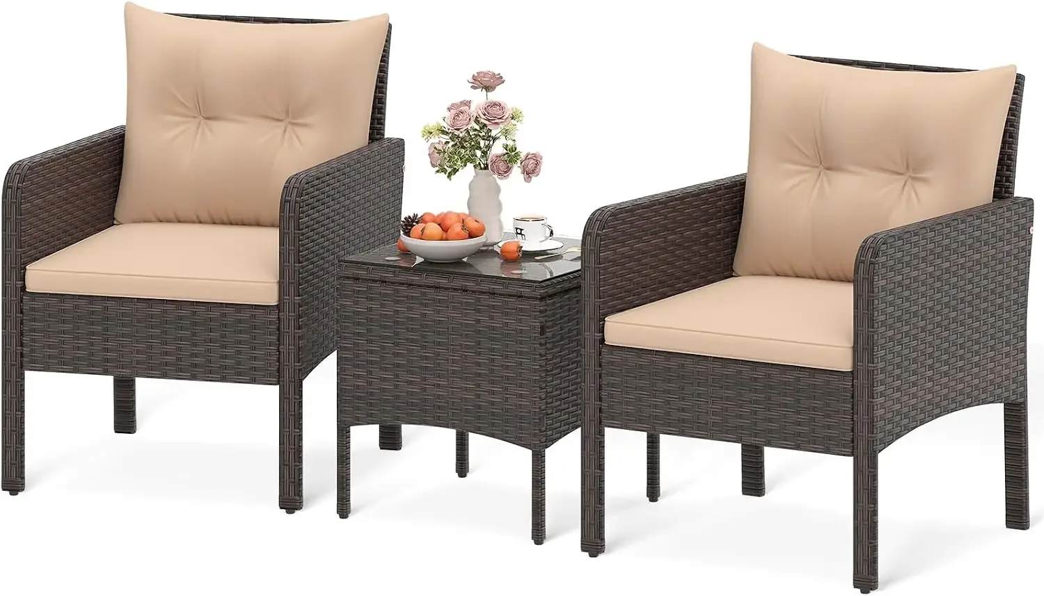 USA Stock3 Piece Patio Bistro Set Rattan Wicker Outdoor Conversation Set with Cushions and Coffee Table, Outside Furniture with