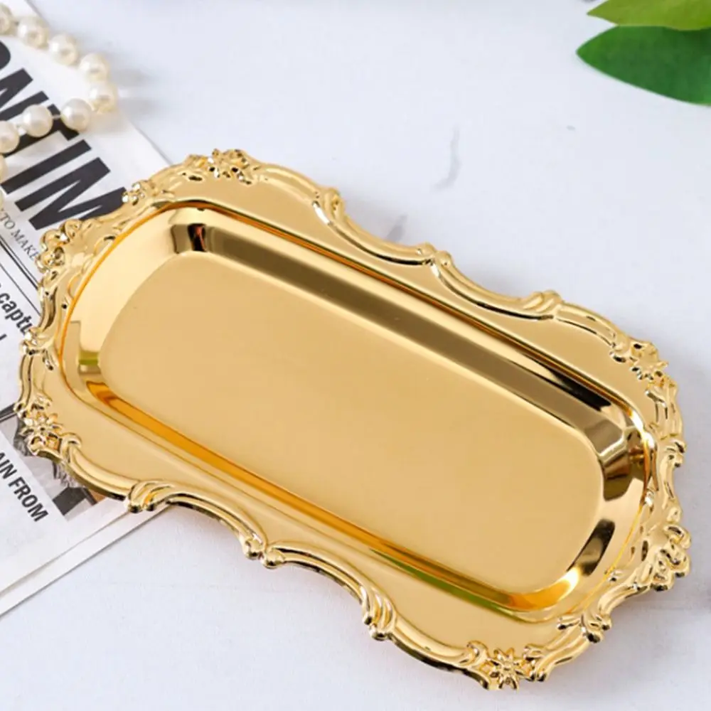 European Style Vintage Embossed Tray Gold/Silver Sturdy Retro Serving Platter Decorative Stainless Steel