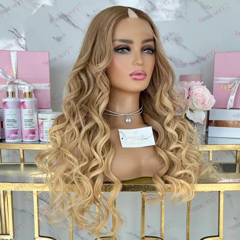 

Adjustable Ombre Honey Blonde Human Hair 1x4 V Shaped Full Machine Made Wigs for Black Women Glueless Long 28Inch U Part Wigs