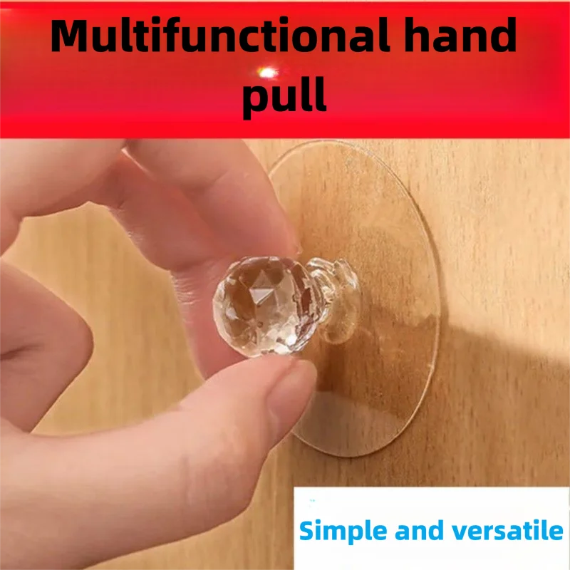 No Drill Self Adhesive Cabinet Handle, Crystal Round Sticky Pull Knob for Wardrobe Sliding Door Bathroom Door