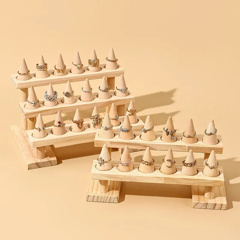 

Wood Cone Ring Display Holder Jewelry Display Stand Ring Showcase Storage Tray For Counter Shows Wooden Base Shop Decor