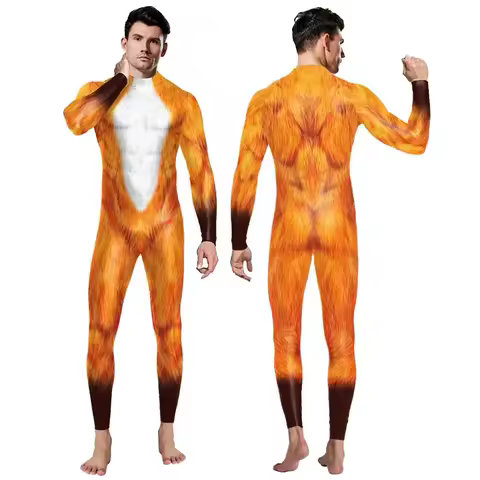 Halloween Men's Animal Pattern Fox Tiger Cosplay Bodysuit Giraffe Leopard Crocodile Jumpsuits Party Role Play Funny Costumes