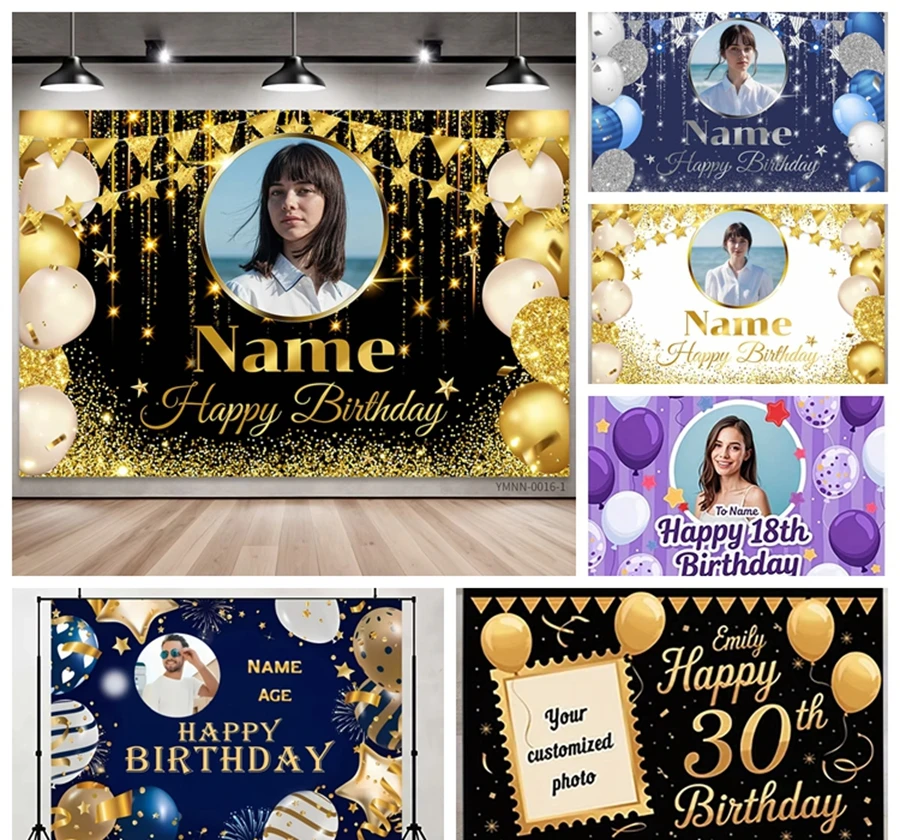 

Customized Photo Name Birthday Background Banner Black Gold Glitter Personalized Boy Girls Party Photography Decoration