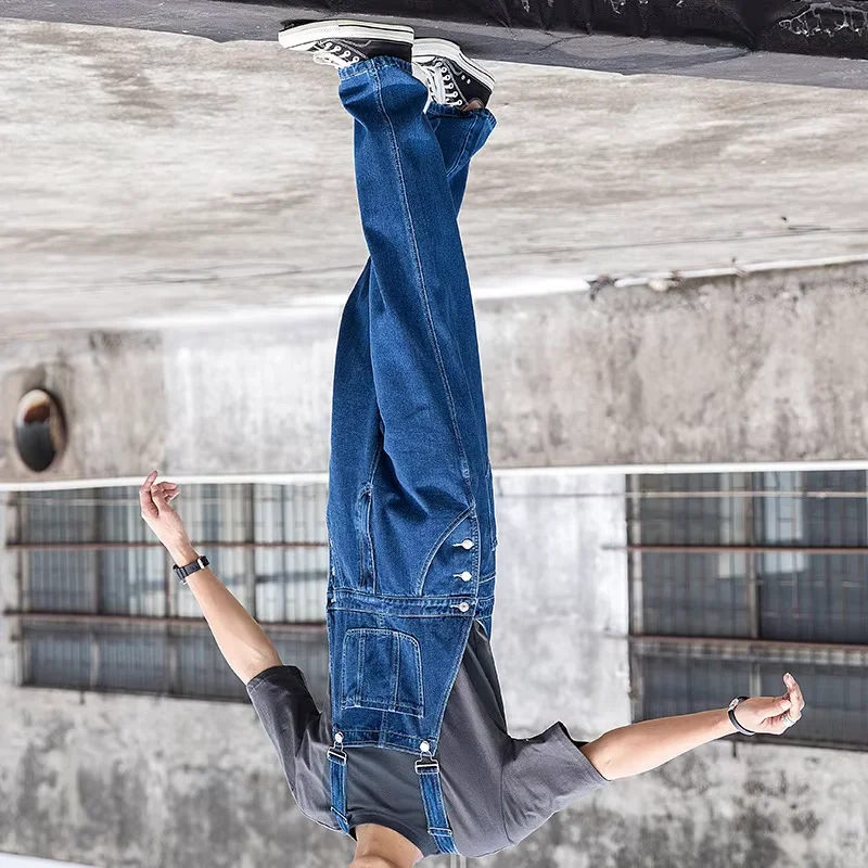 Men Spring Casual Wide Leg Denim Jumpsuits Loose Wide Strap Suspender Pocket Overalls Baggy Long Jeans Bib Pants Rompers