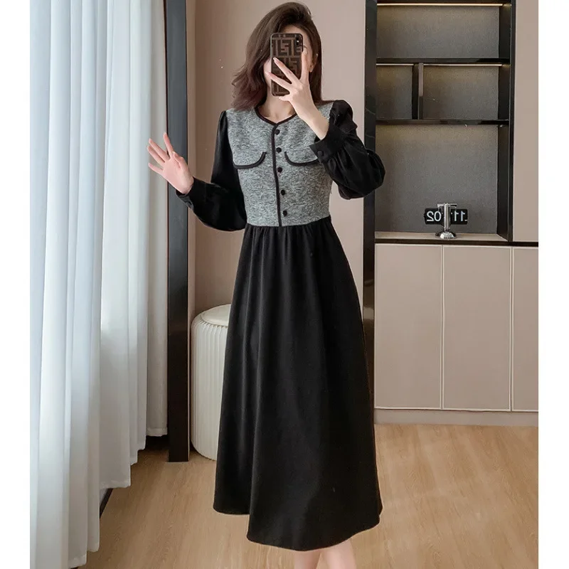 Tweed Style Two-piece Illusion Age-reducing Dress Women's Autumn Winter French Vintage Niche Long Dress Inner Base Layer