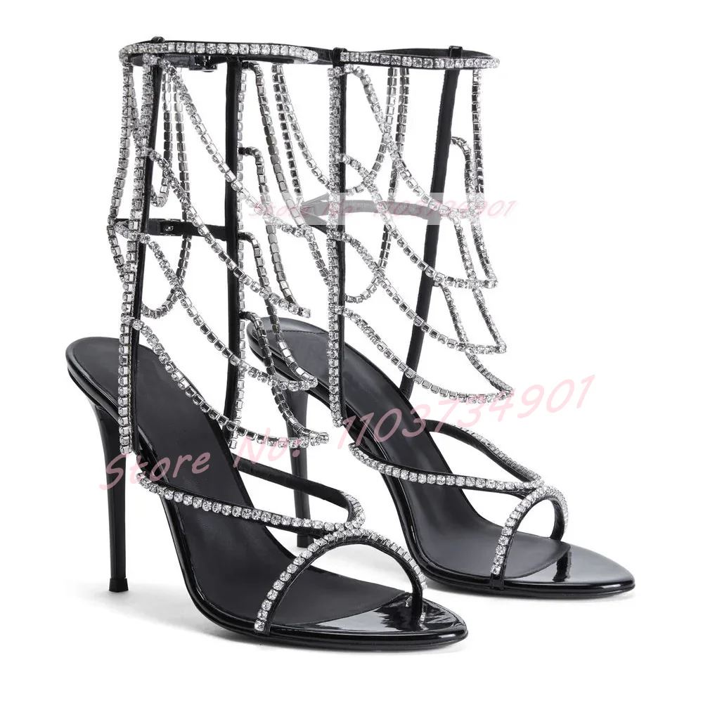 Kristallen Ketting Enkel Sandalen Vrouwen Zwart Leer Puntige Teen Dunne Hoge Hakken Schoenen Dames Elegante Sexy Feest Enkelbandje Sandalen