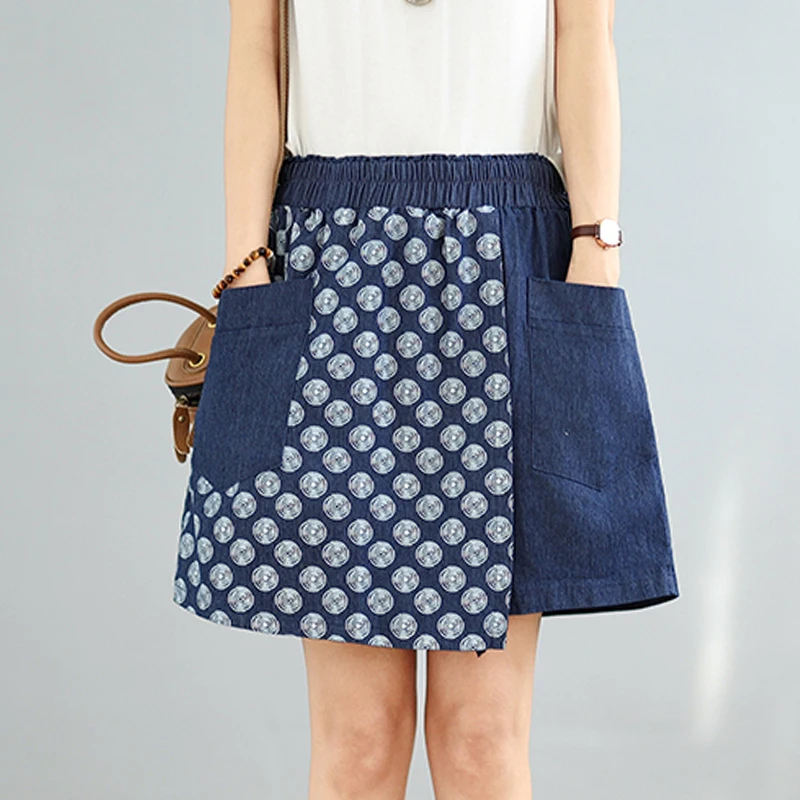 プラスサイズ レディース デニムショートパンツ 夏の新作 ルーズフィット ハイウエスト ワイドレッグパンツ ブルー エラスティックウエスト ショートスカート風 ブルー ジーンズ