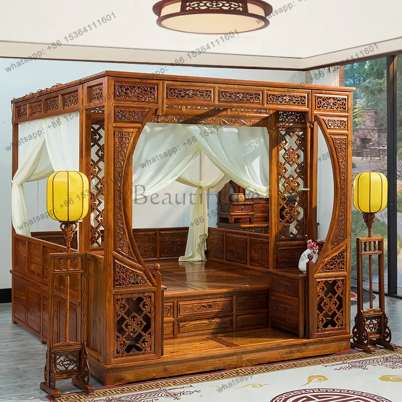 Antique solid wood Chinese furniture double bed carved shelf bed