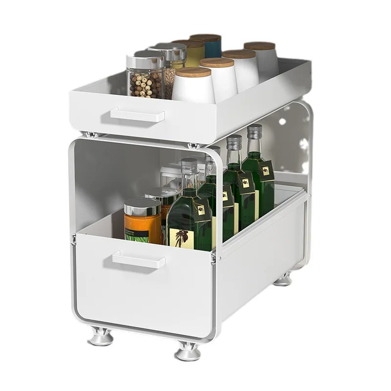 多層スライド式引き出しキッチンシンク収納ラック、中空キャビネットボウル＆プレート収納バスケットオーガナイザー