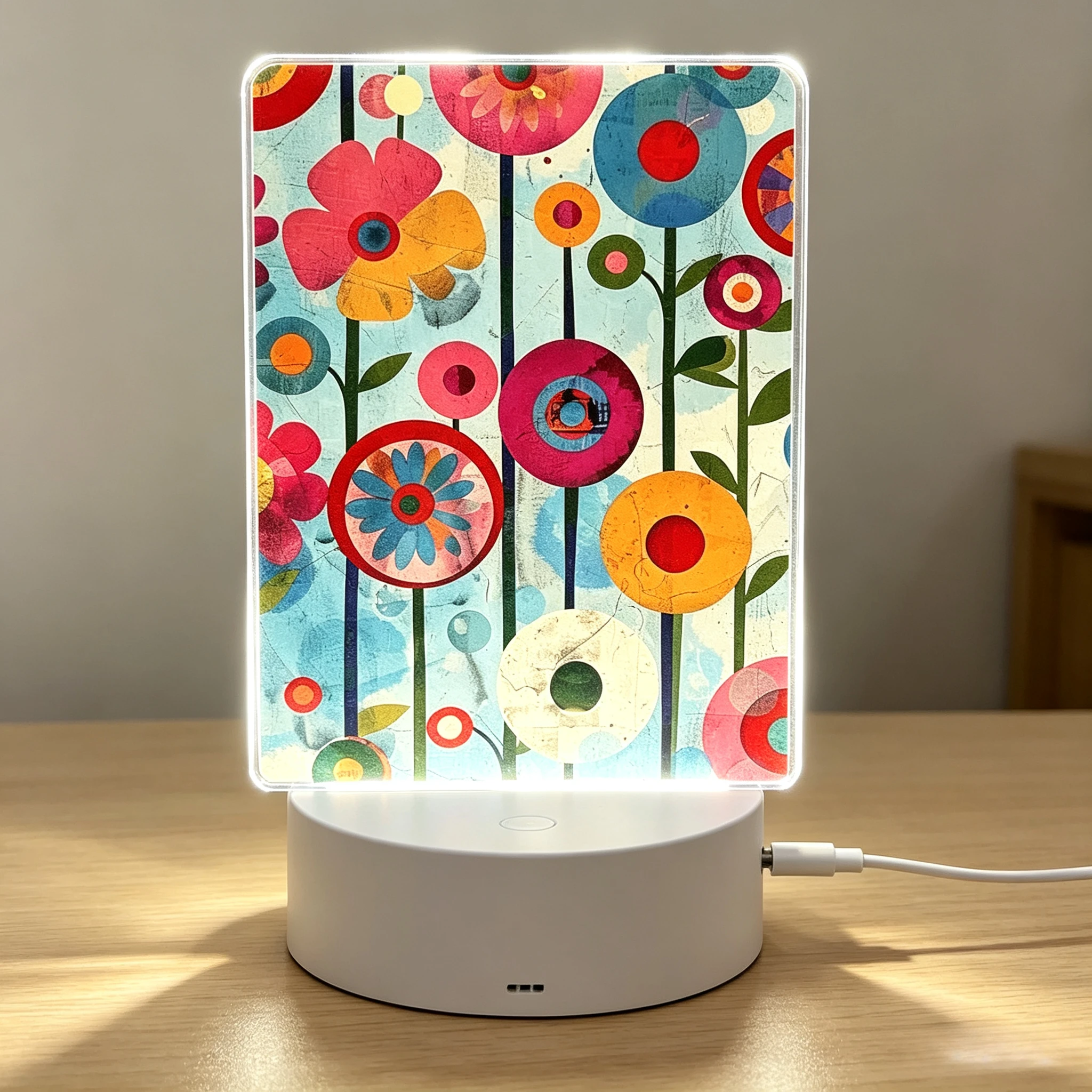 Retro Abstract Geometric Flower Acrylic Night Light, LED Bedside Lamp Colorful Floral Art Bedroom Decor Gift