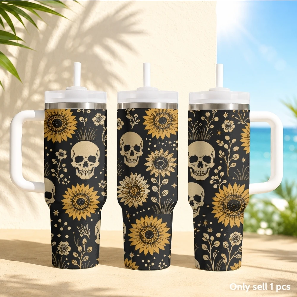 Halloween Retro Skull Vacuum Flasks 40oz Stainless Steel Insulated Tumbler with Handle & Straw Leakproof Travel Mug