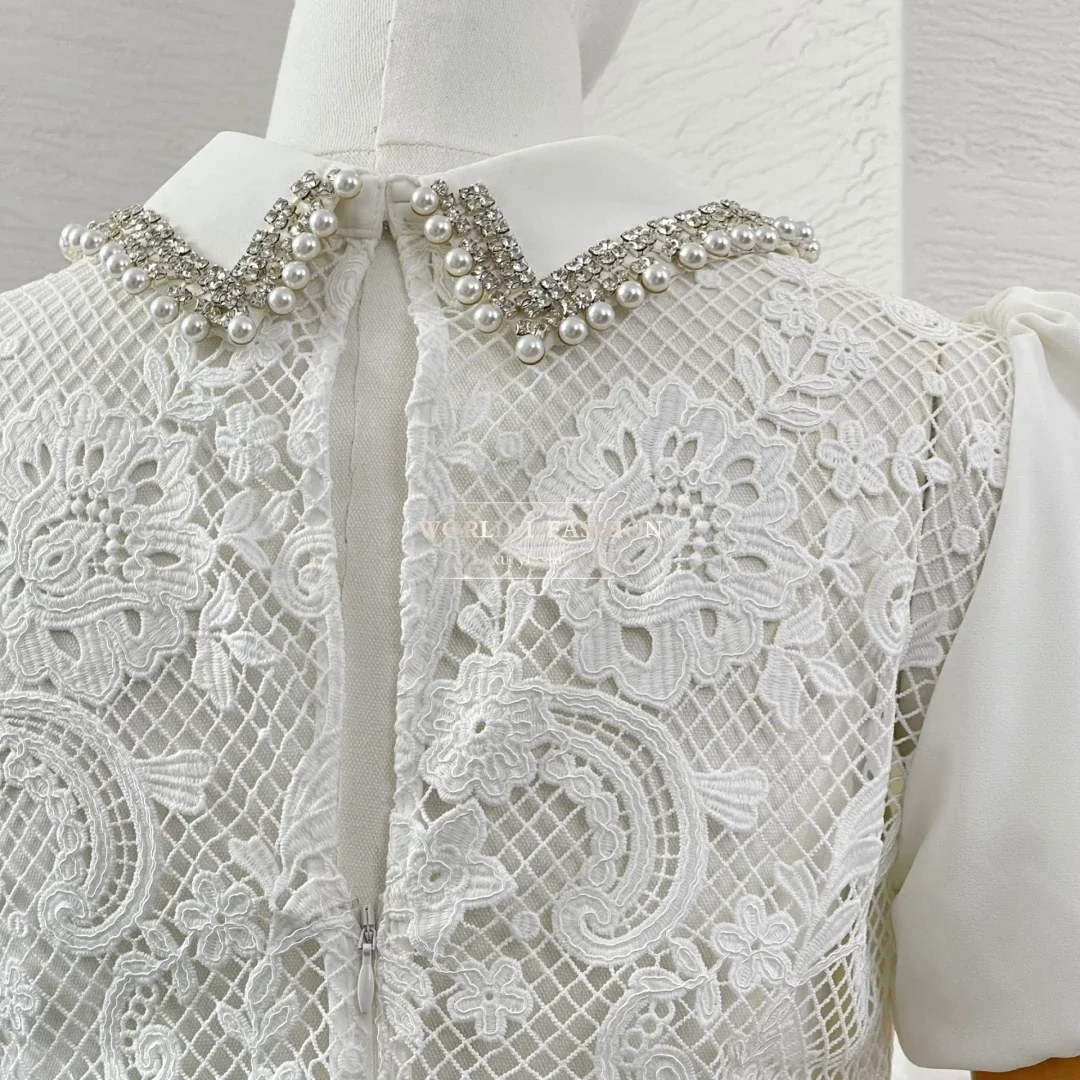 

White Short Sleeve Lace Patchwork Diamonds Blouse Tops