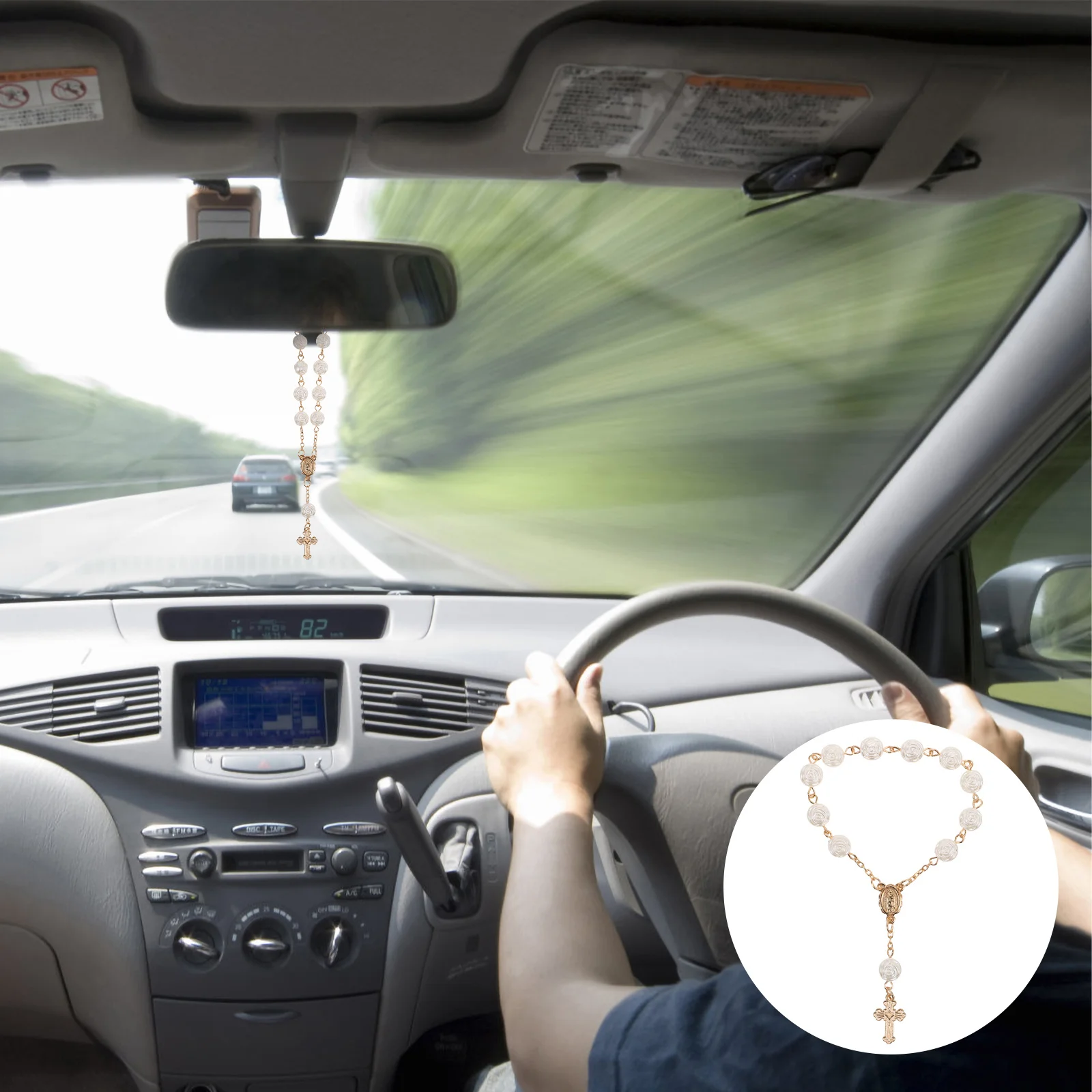 

2Pcs Car Rearview Mirror Ornament Cross Pendant Hanging Charm Rose Bead Decoration Car Interior Rearview Mirror Accessory