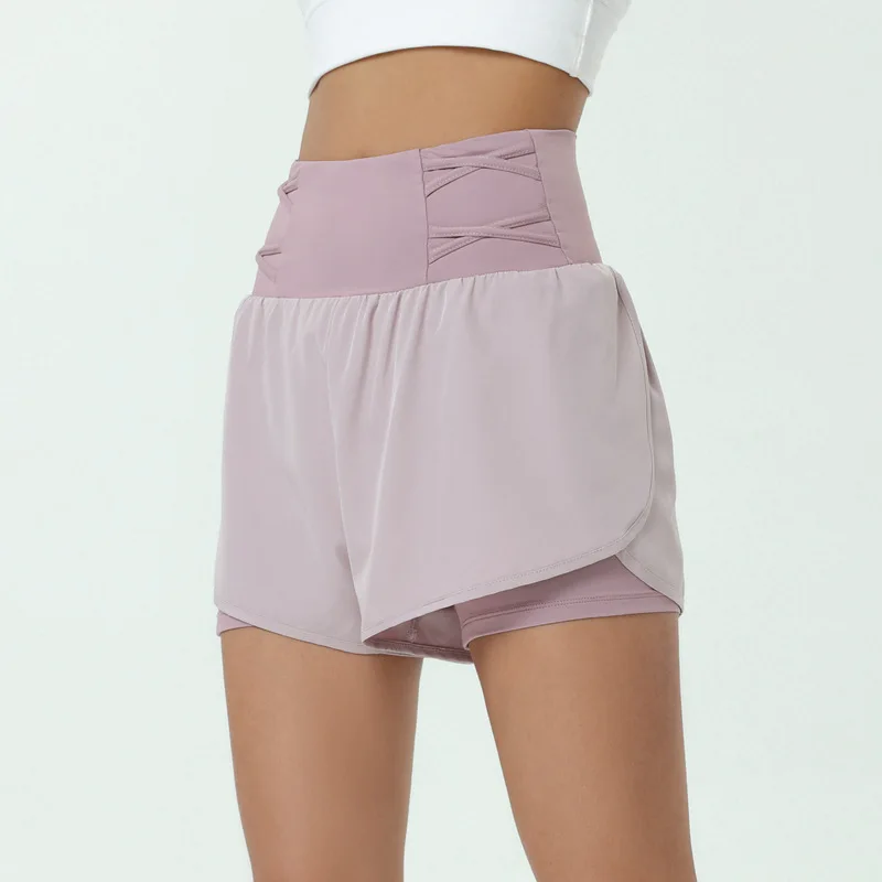 Pantalones cortos deportivos de cintura alta de dos piezas para vacaciones de verano para mujer, pantalones cortos para correr de Fitness antiexposición, transpirables y cómodos