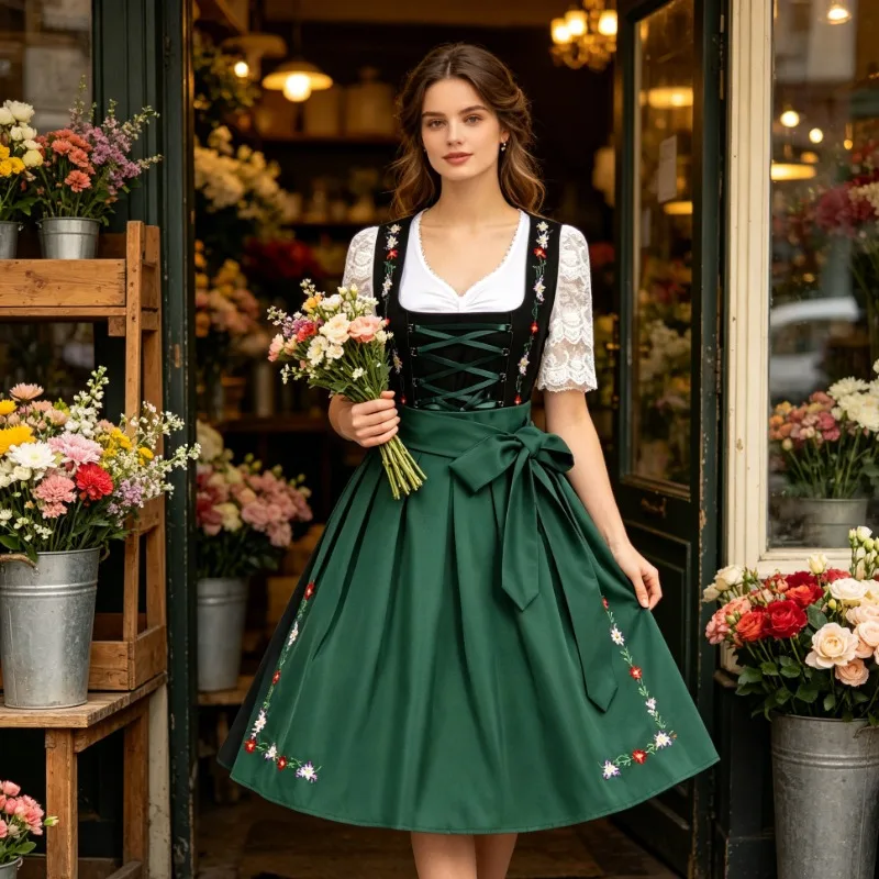 

Heavy Industry Flower Embroidery Design Waist Apron Dress Retro Bavarian Ethnic Style Wear Halloween Theme Party Costume