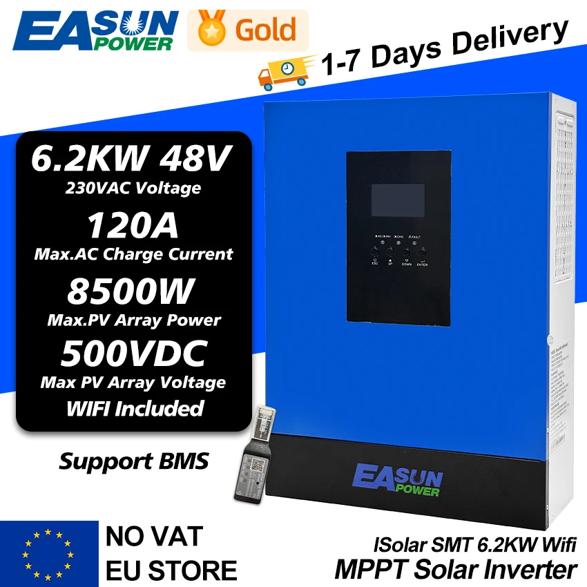 Easun power mppt hybrid solar wechsel richter 6,2 kw 48v 4kw 24v 2kw 12v netz unabhängige reine sinus welle 220v 230v 120a 80a ladegerät mit wifi