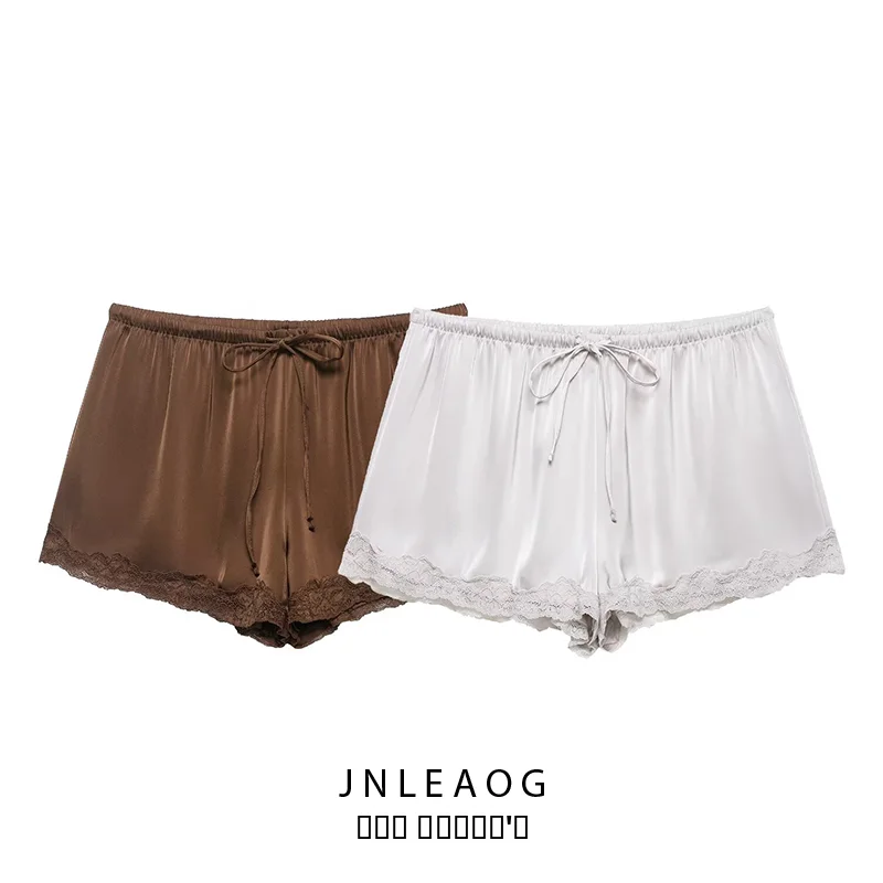 

Новинка весенней коллекции: женские шорты с кружевной отделкой, атласной текстурой, высокой талией и широкими штанинами, из полиэфирного волокна, повседневные.