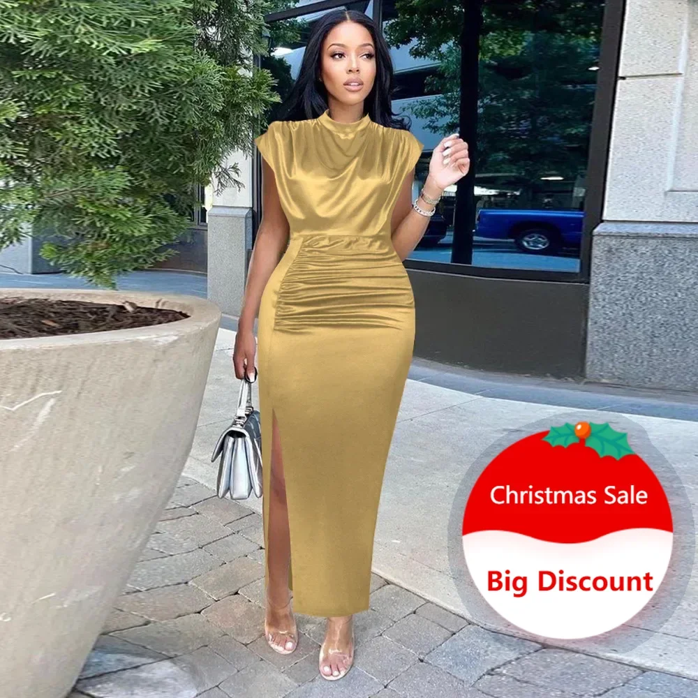 

Women Pleated Long Party Dress Shiny Satin Slit High Collar Slim Sleeveless Robes Evening Wedding Guest Gowns Big Size 2025 New