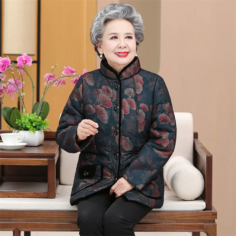 Grandma\'s  Winter Cotton Padded Jacket 60-80 Year Old Mother Warm Outwear Thicken Velvet Warm Parkas Elderly Women Winter Coat
