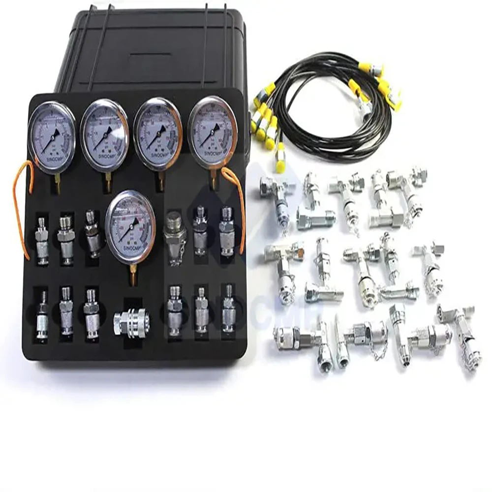 Excavator Hydraulic Pressure Test Kit with 5 Gauges 13 Couplings and 14 Tee Connectors Pressure Gauge For CAT CASE John Deere