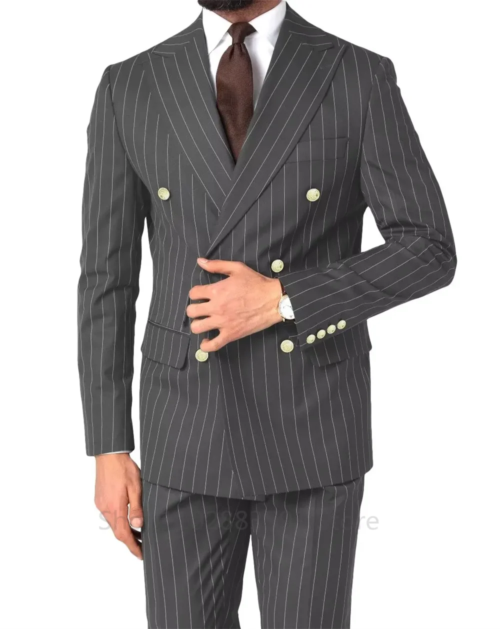 Elegant Men Suits Double Breasted Blazer Striped Business 2 Pieces Dress Social Formal Wedding Slim Fit Custom Tailcoat Clothing