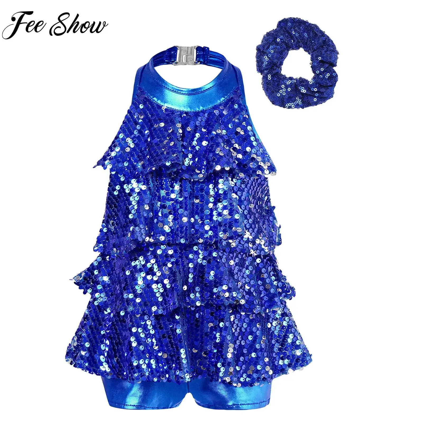 

Kids Gymnastics Modern Jazz Latin Chacha Dance Performance Costume Girls Halter Sequins Ballet Dance Shorty Unitard Dress+Hats