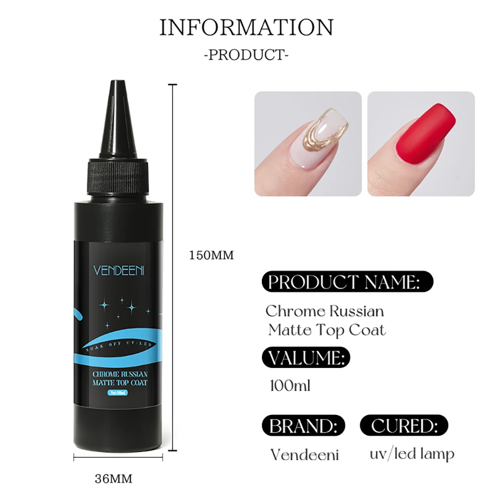 Vendeeni 100ml Russian Matte Top Coat Semi Permanent No Wipe UV Soak Off Gel Nail Polish Frosted Non Stick Powder Matte Top Coat