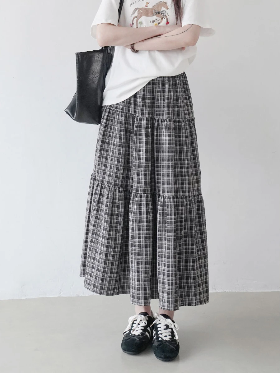

Весенняя винтажная женская юбка макси в клетку с эластичным поясом, утягивающая, А-силуэт, миди, расклешенная, из весенней коллекции.