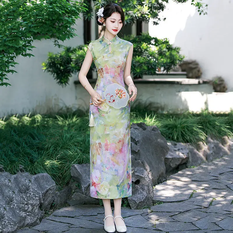 

Purple Print Women Chinese Tradition Style Long Cheongsam New Improved Female Mandarin Collar Satin Qipao Dress