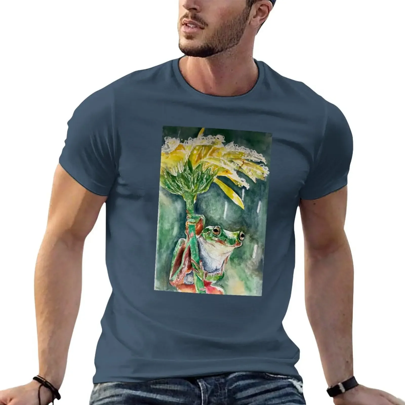 

frog on a flower in the rain T-Shirt plus sizes hippie clothes oversizeds Men's t-shirt