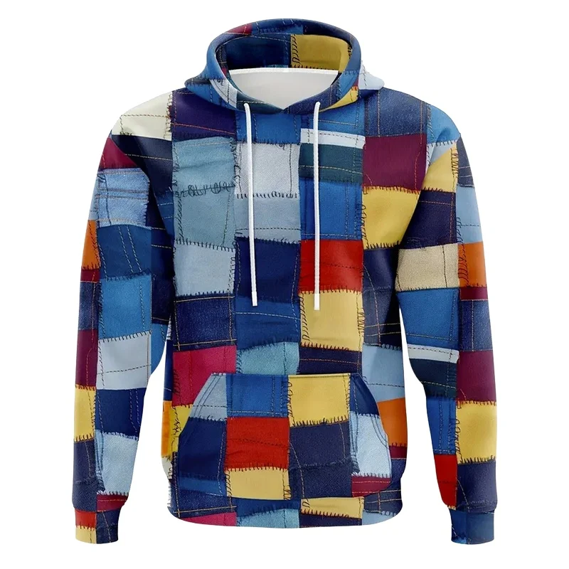 

2025 Fashion Plaid Patchwork Printed Hoodies For Men Casual Loose Daily Clothing Autumn Oversize Hooded Sweatshirt Harajuku Coat